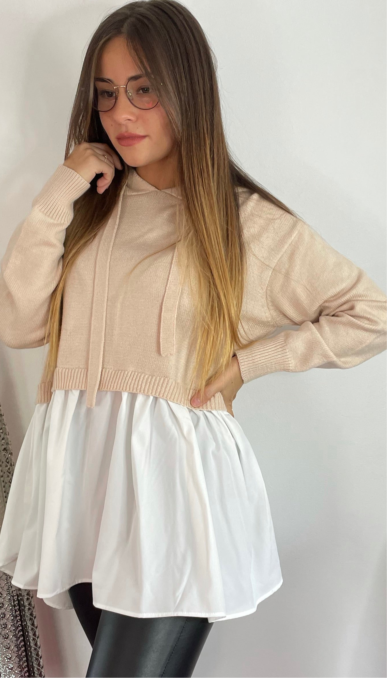 Pull chemise capuche beige