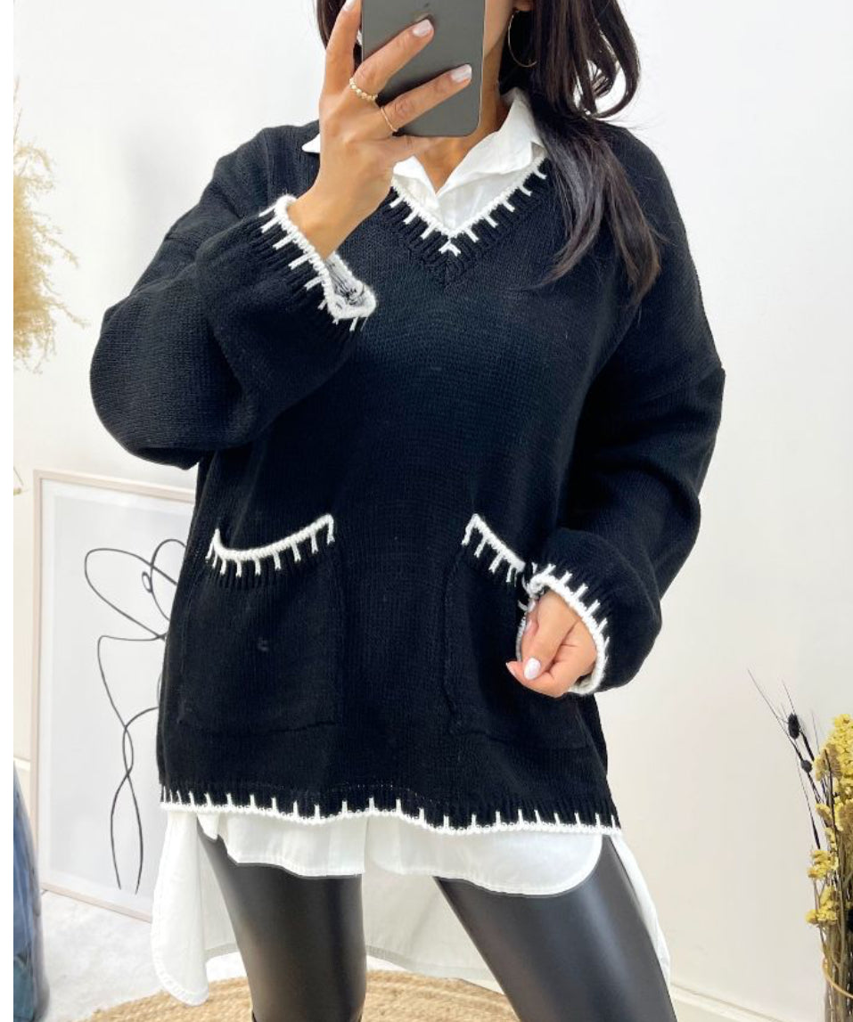 Pull-over surpiqué avec poches col V