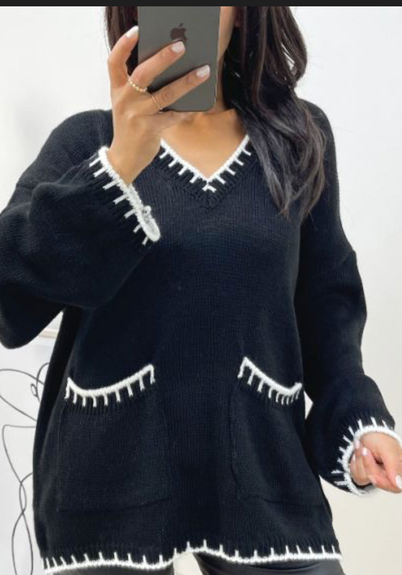 Pull-over surpiqué avec poches col V