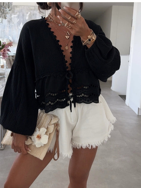 Haut gaz de coton avec manches bouffantes