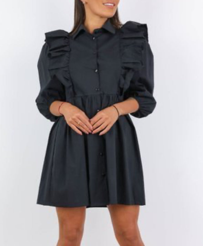Robe chemise noire avec volants
