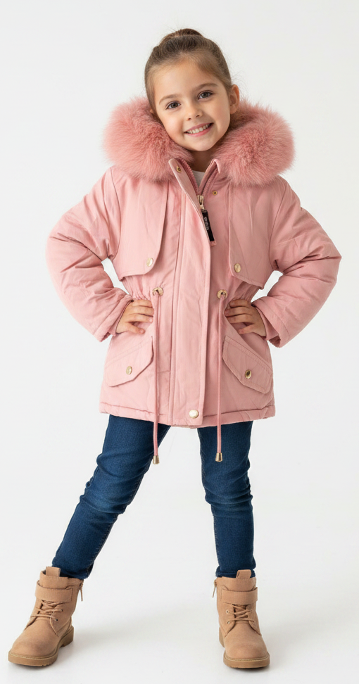 Manteau parka rose avec capuche et fourrure