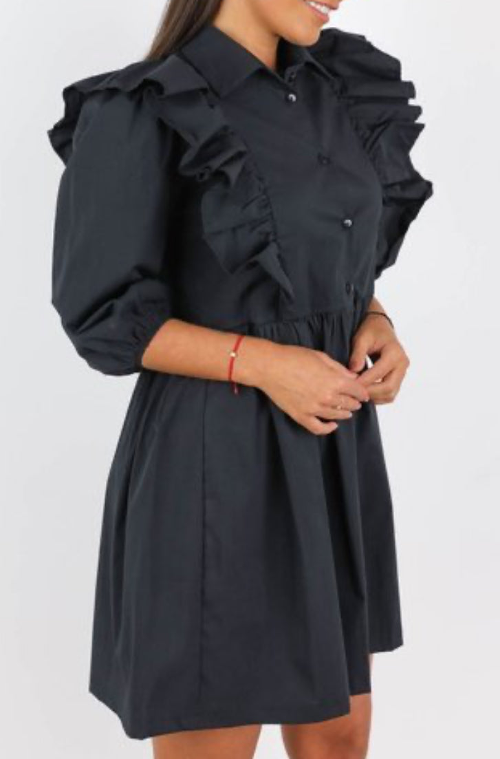 Robe chemise noire avec volants