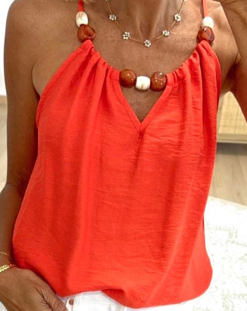 Top débardeur couleur corail avec perles