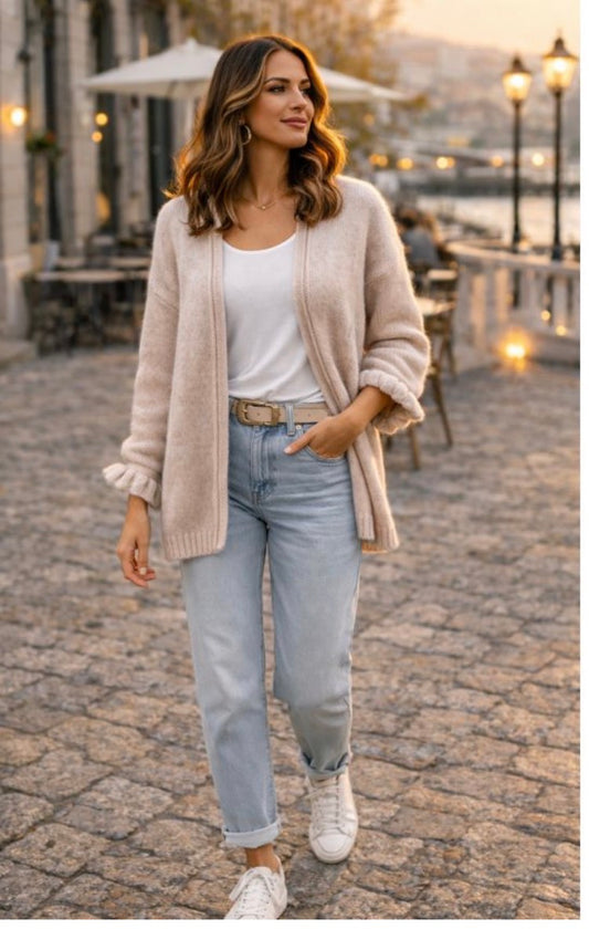 Gilet mi-long avec froufrou manche