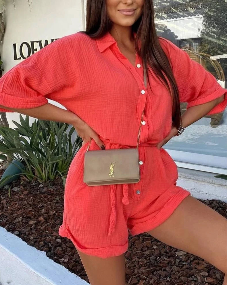 Combi-short corail gaz de coton