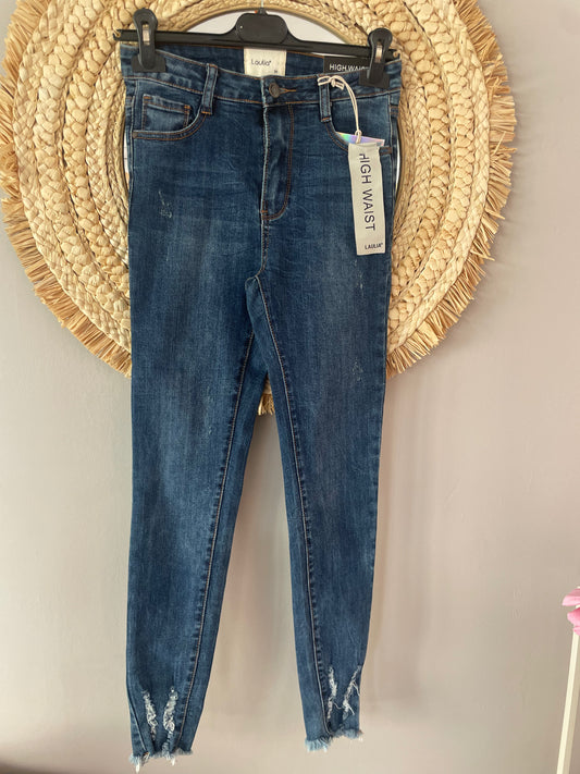 Jeans slim taille haute élasthanne bas effiloché