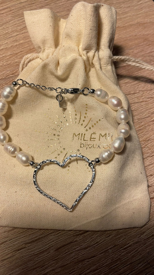 Bracelet coeur argenté perle nacrée