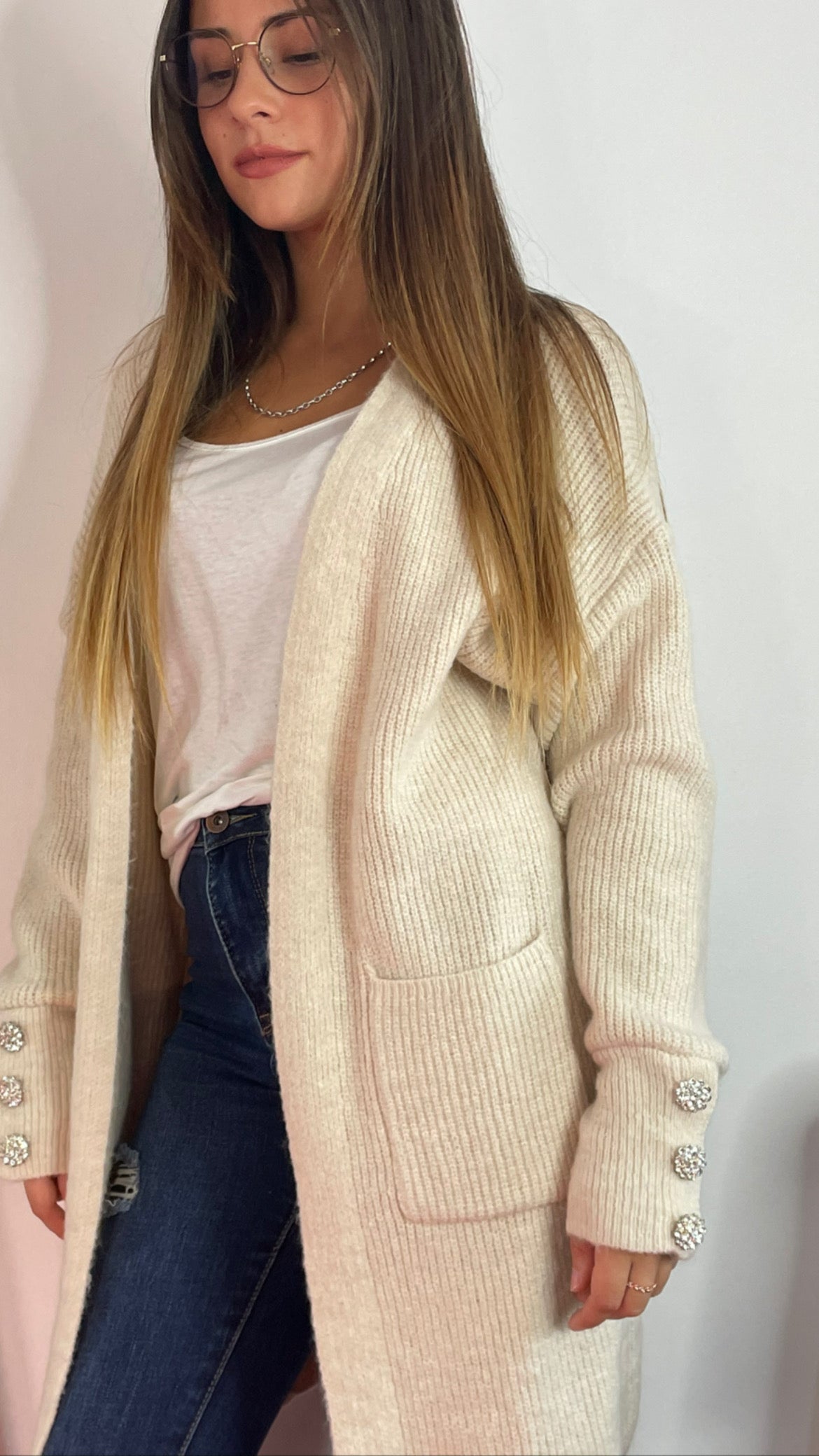 Gilet beige poches avec strass