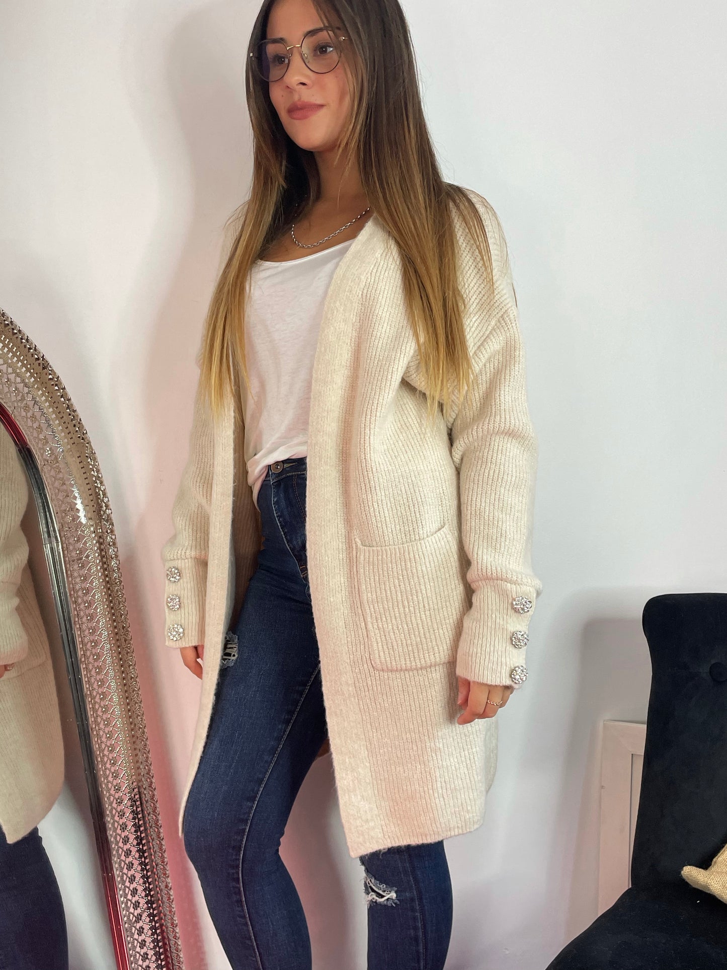 Gilet beige poches avec strass