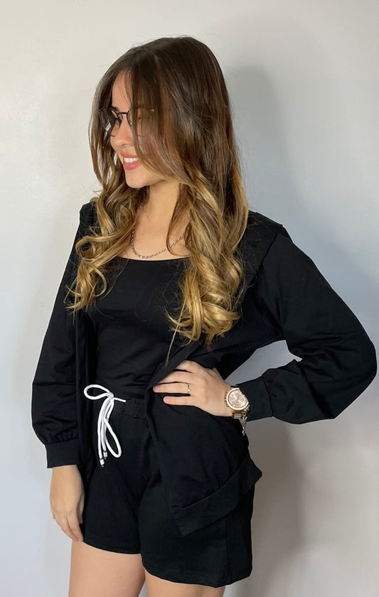 Ensemble 3 pièces short, débardeur, veste capuche ( couleur NOIR, LILAS, VERT D'EAU)