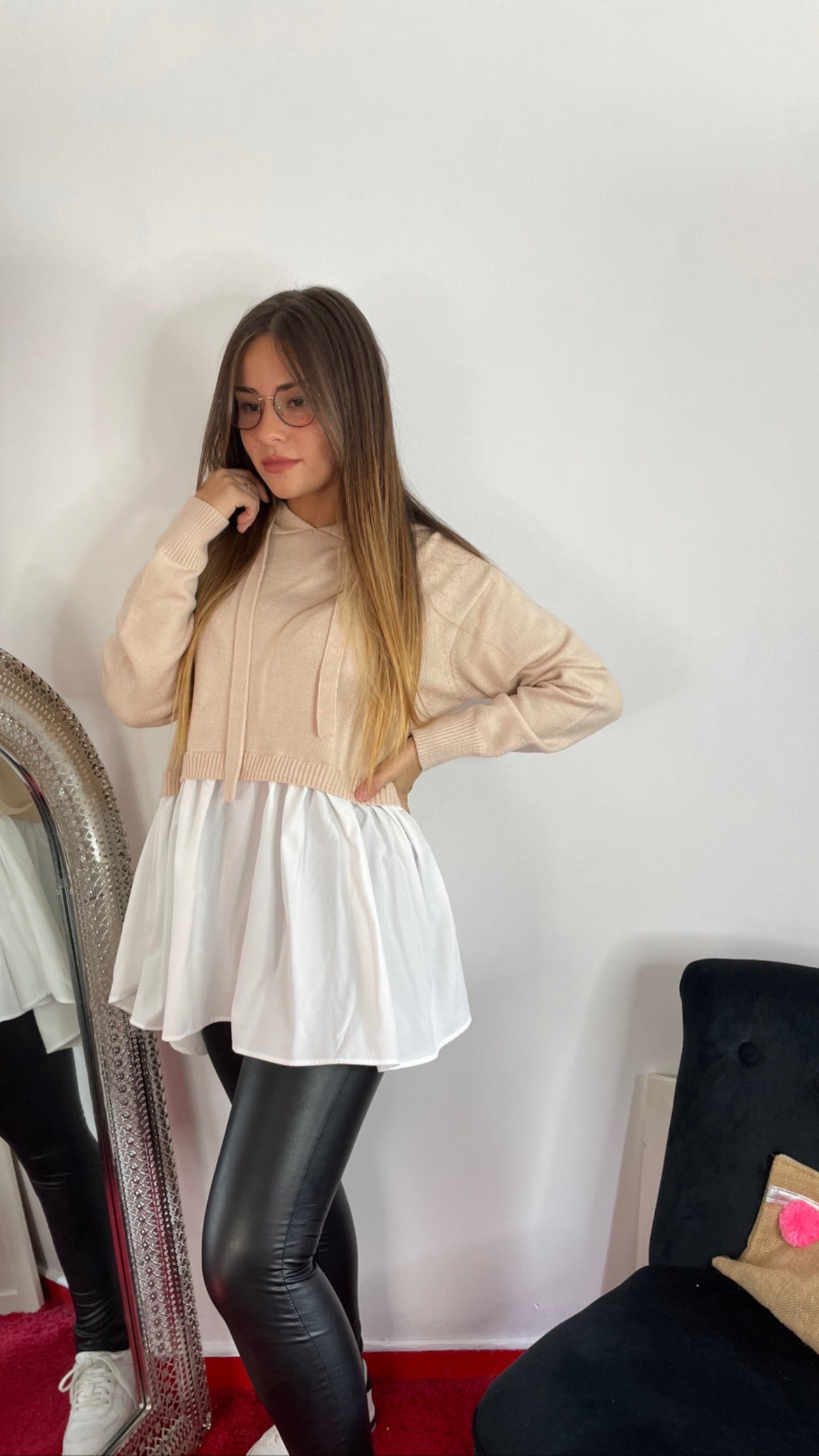 Pull chemise capuche beige