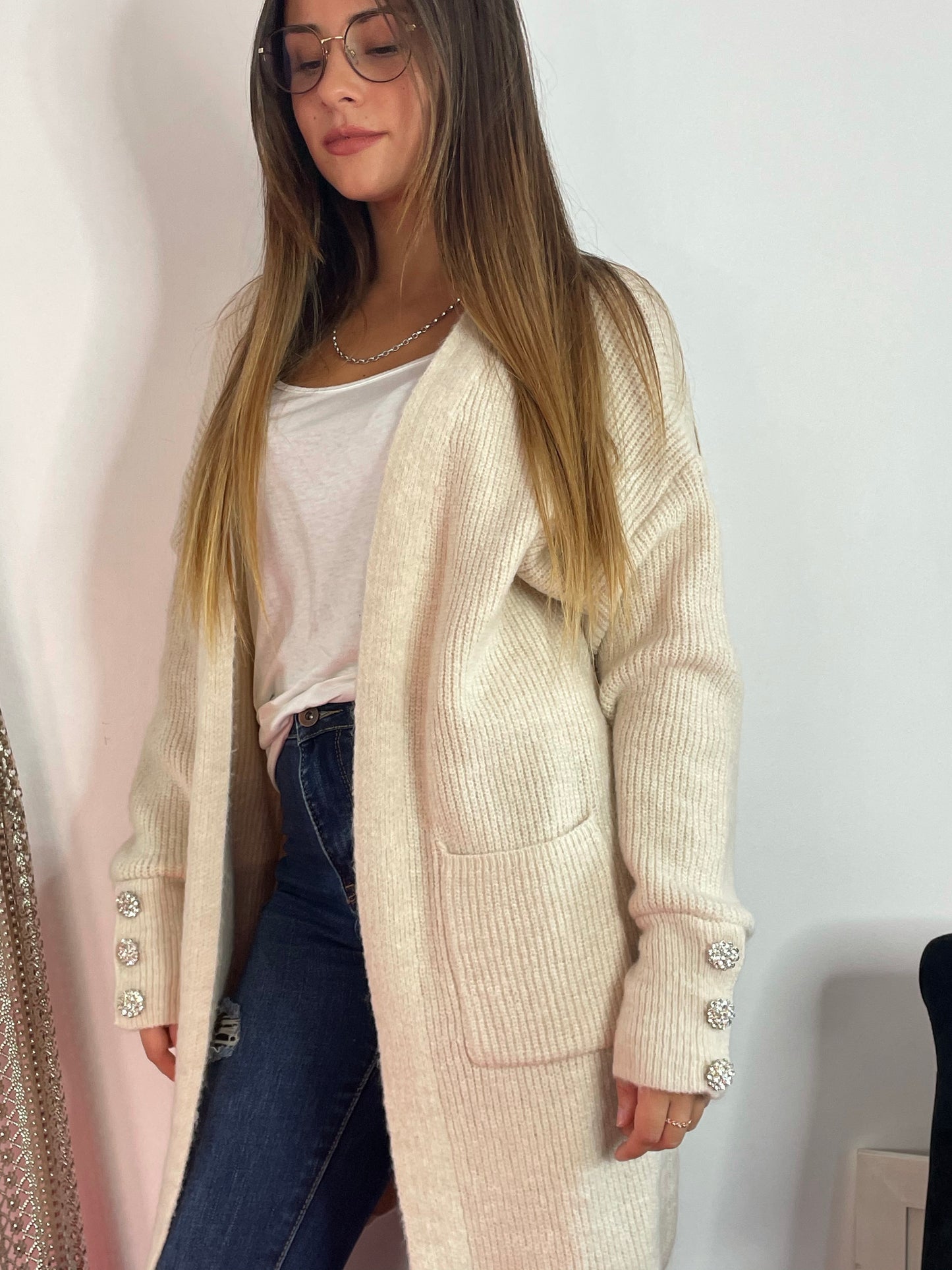 Gilet beige poches avec strass